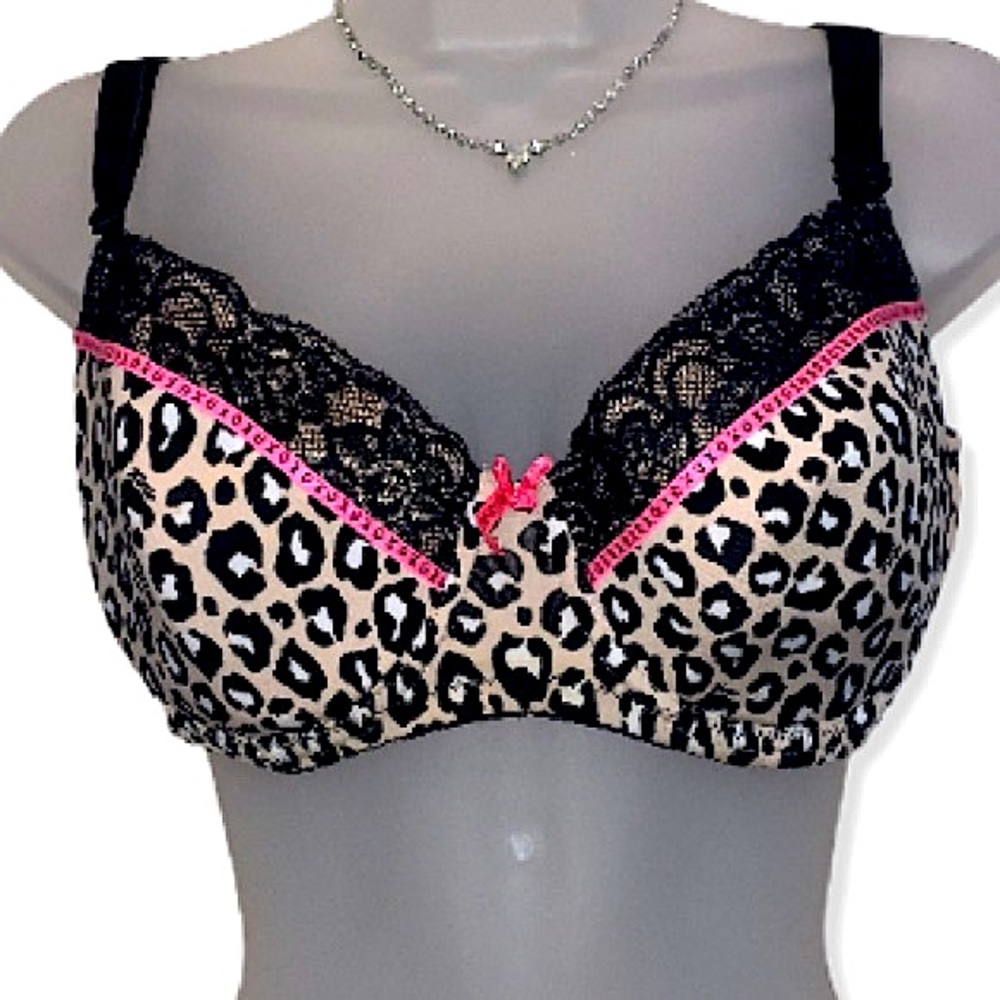XOXO Leopard Animal Print Lace Trim Pink Bow Black Beige Tan Sexy Bra 36D Y2K